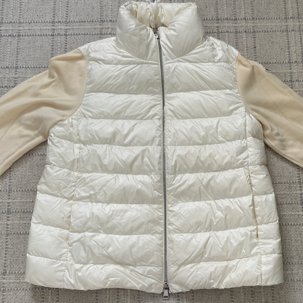Moncler Ivory Quilted Puffer Jacket with Cream Knit Sleeves
